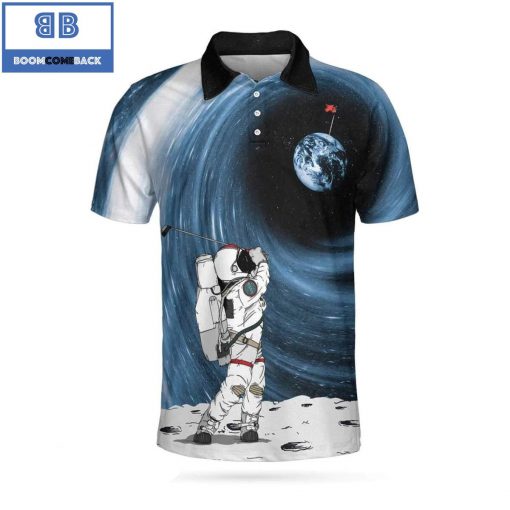 Astronaut Golfing Outer Space Black Golf Athletic Collared Men’s Polo Shirt