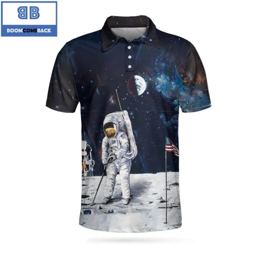 Golf Astronaut Moon American Flag Athletic Collared Men’s Polo Shirt