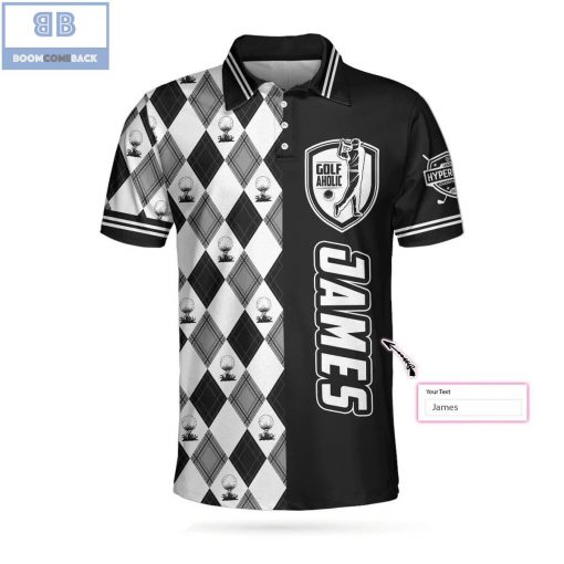 Personalized Golf Aholic Black And White Argyle Pattern Athletic Collared Men's Polo Shirt