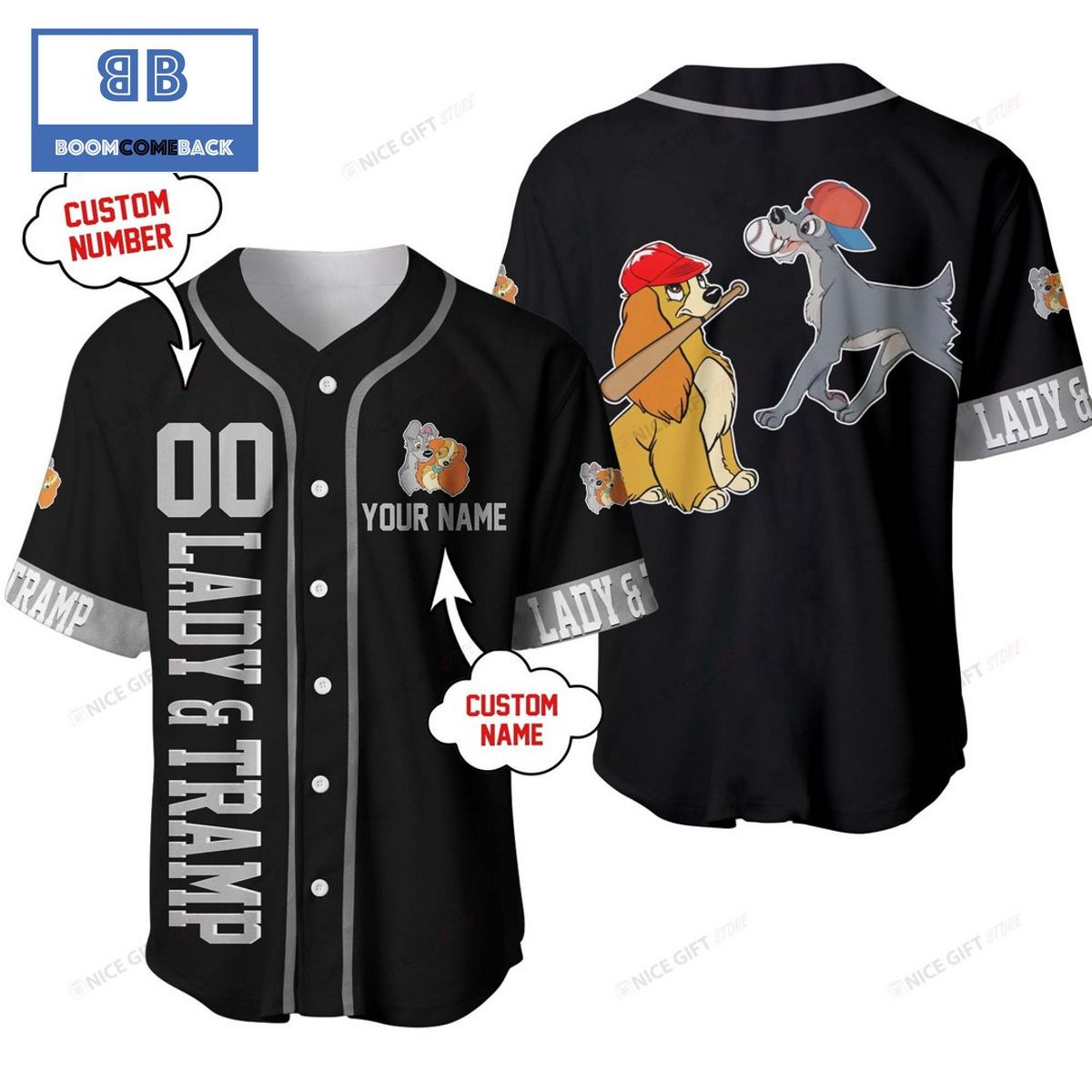 Personalized Lady And The Tramp Black And Grey Baseball Jersey