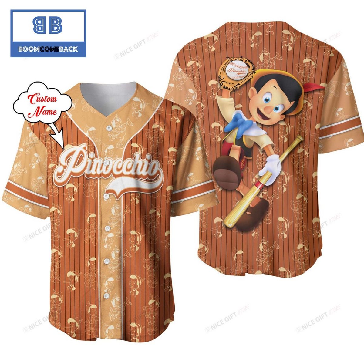 Personalized Pinocchio Brown Baseball Jersey