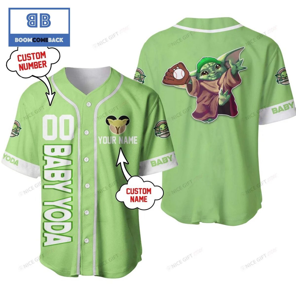 Personalized Star Wars Baby Yoda Light Green Baseball Jersey