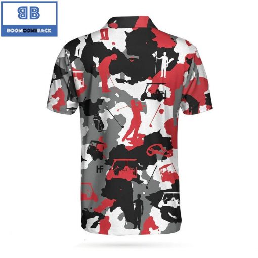 Red And White Camouflage Golf With Golfer Silhouette Athletic Collared Men’s Polo Shirt