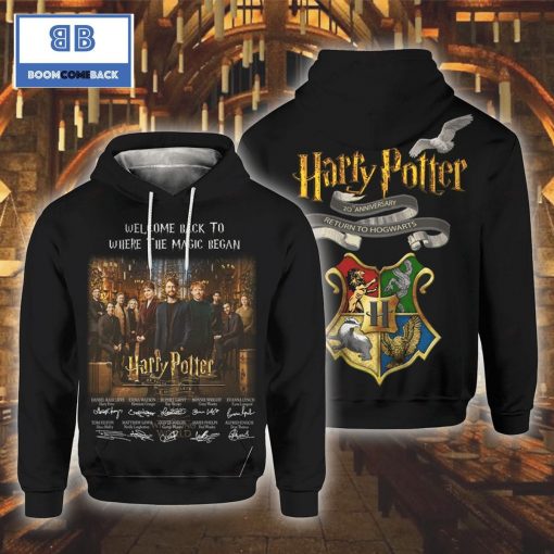 Harry Potter 20th Anniversary Return To Hogwarts Black Signature And Logo Hogwarts 3D Hoodie
