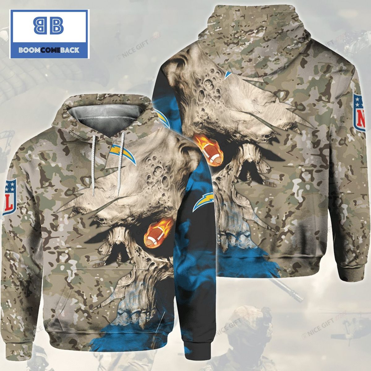 NFL Los Angeles Chargers Camouflage Skull 3D Hoodie