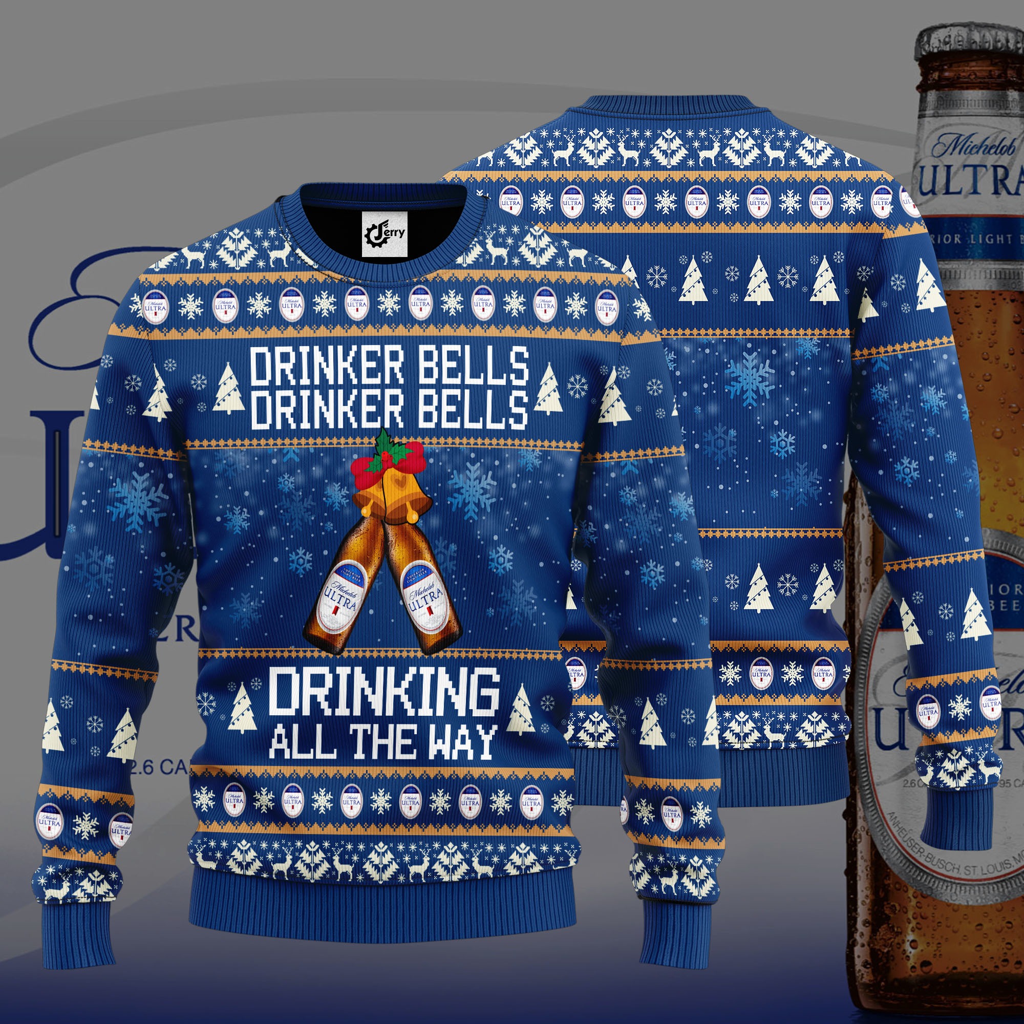Michelob Ultra Drinker Bells Drinking All The Way Christmas Sweater