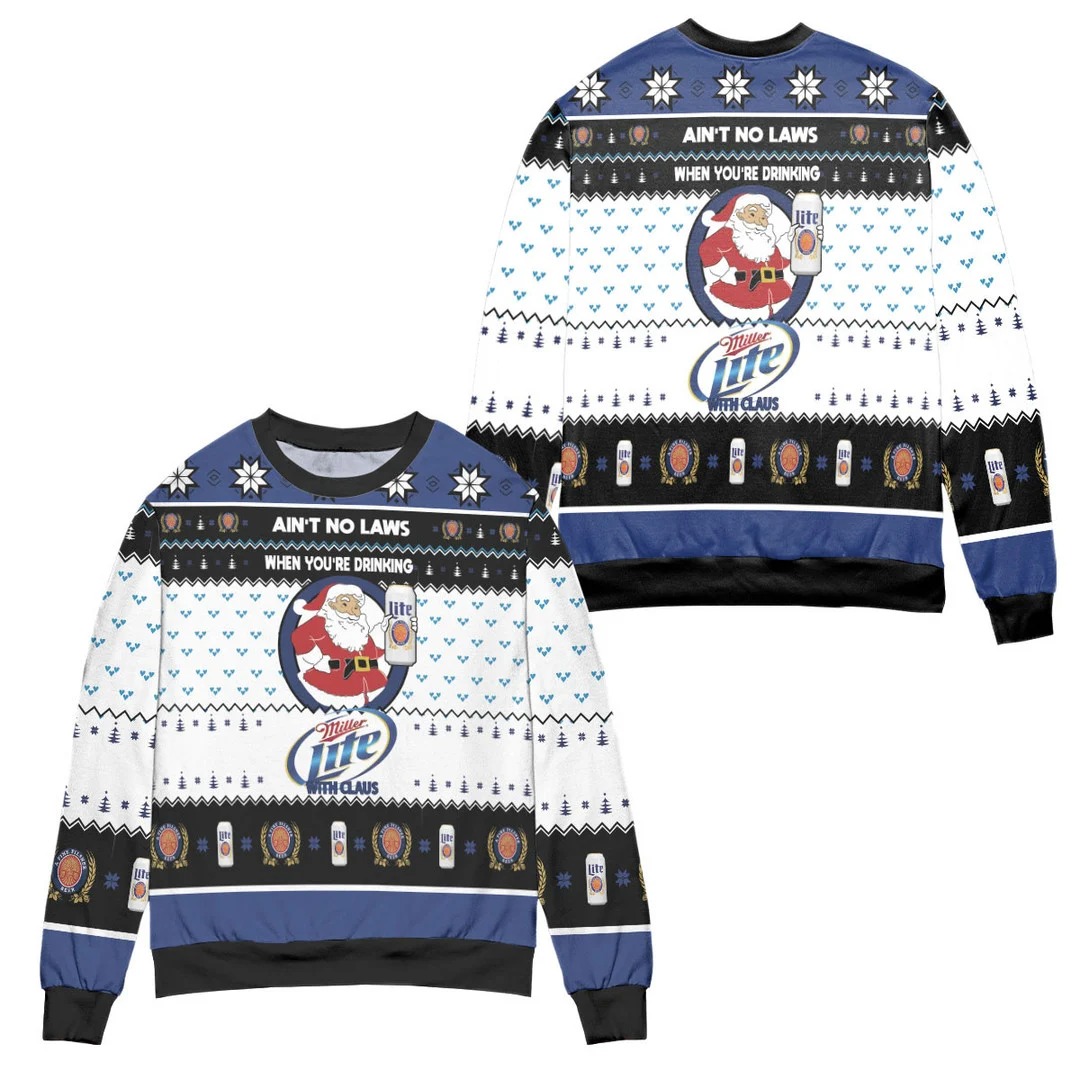 No Laws When You're Drinking Miller Lite With Santa Claus Christmas White 3D Sweater