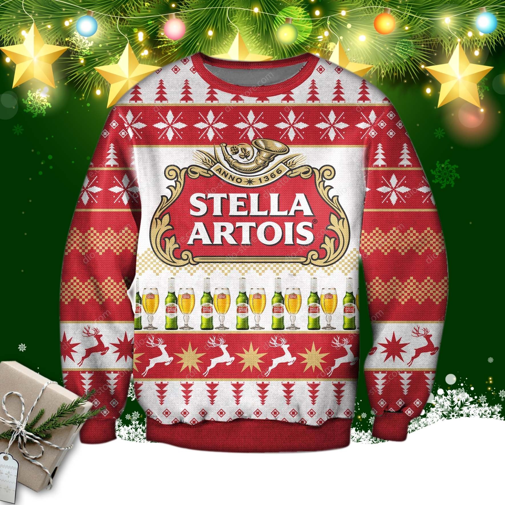 Stella Artois Beer Glass And Bottles Pattern Christmas 3D Sweater