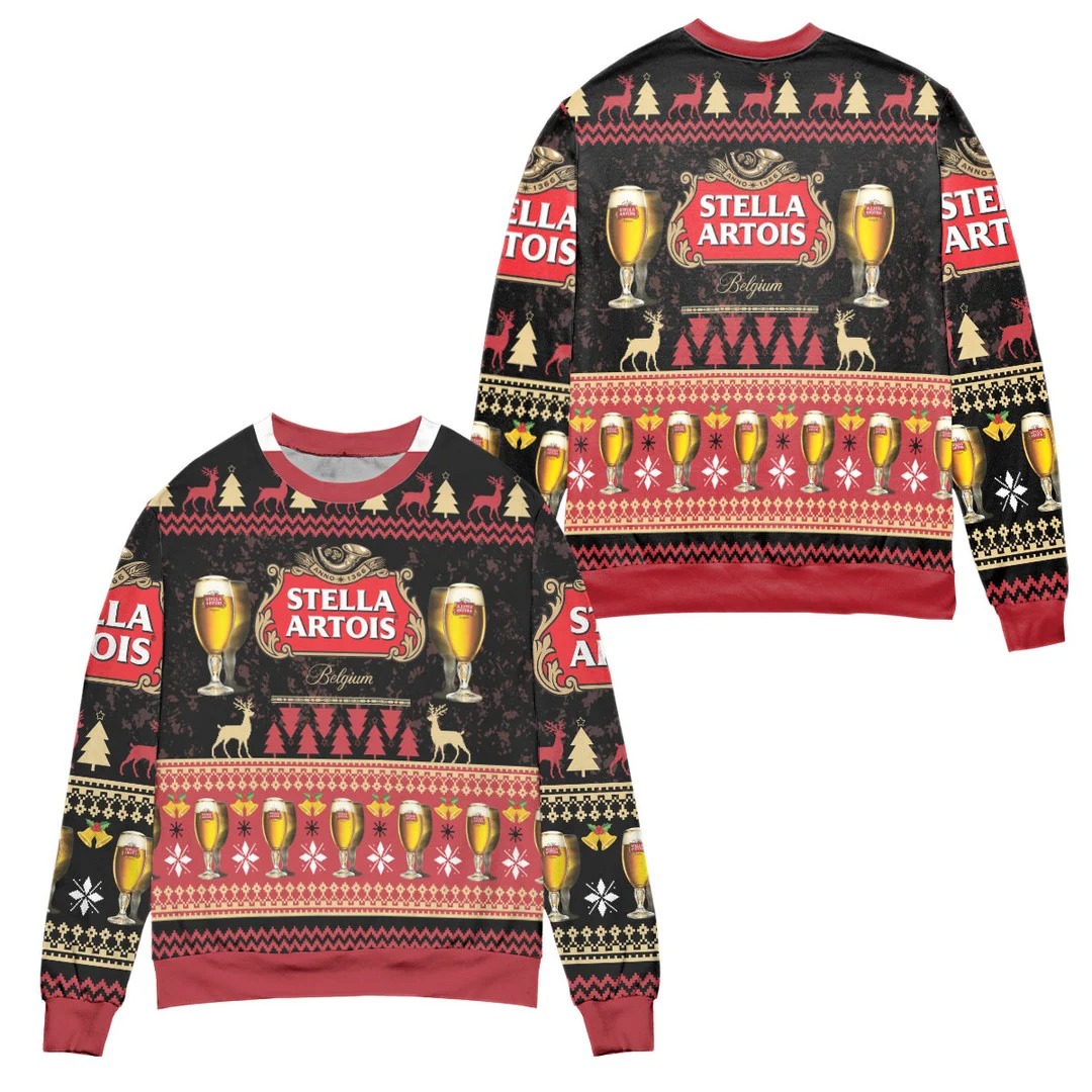 Stella Artois Beer Reindeer Pattern Christmas 3D Sweater