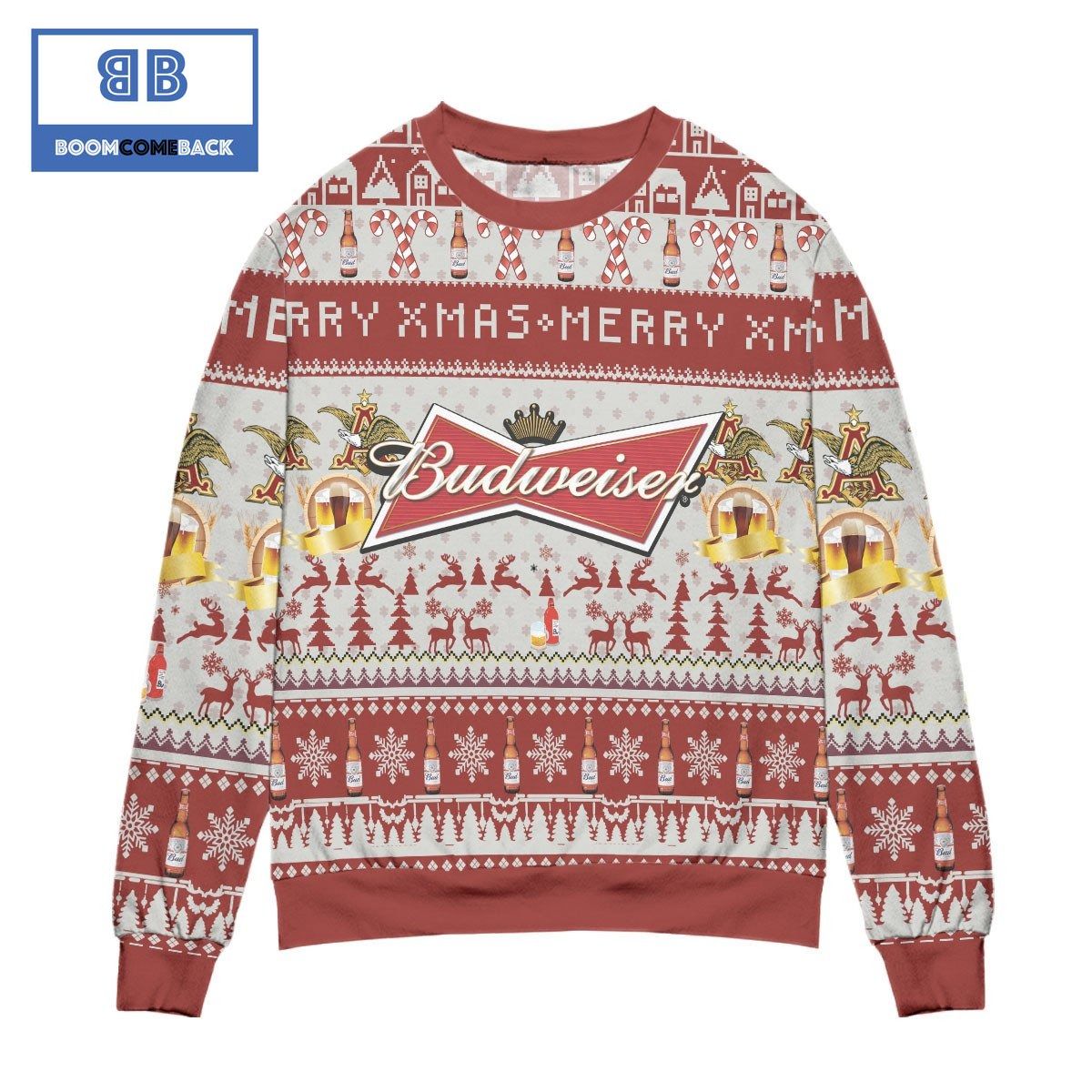 Budweiser Reindeer And Snowflake Pattern Christmas 3D Sweater