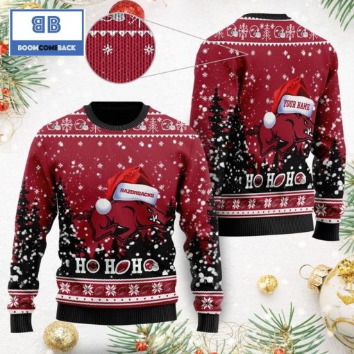 Arkansas Razorbacks NCAA Santa Claus Hat Ho Ho Ho 3D Custom Name Ugly Christmas Sweater