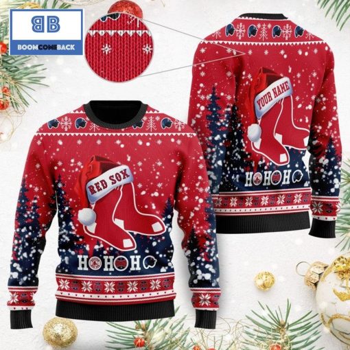 Boston Red Sox Santa Claus Hat Ho Ho Ho 3D Custom Name Ugly Christmas Sweater