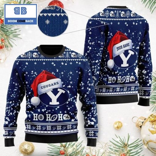 BYU Cougars NCAA Santa Claus Hat Ho Ho Ho 3D Custom Name Ugly Christmas Sweater