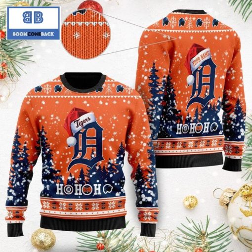 Detroit Tigers Santa Claus Hat Ho Ho Ho 3D Custom Name Ugly Christmas Sweater