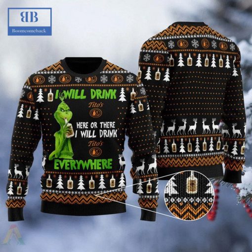 Grinch I Will Drink Tito’s Handmade Vodka Everywhere Ugly Christmas Sweater