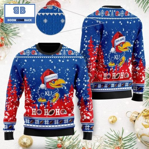 Kansas Jayhawks NCAA Santa Claus Hat Ho Ho Ho 3D Custom Name Ugly Christmas Sweater
