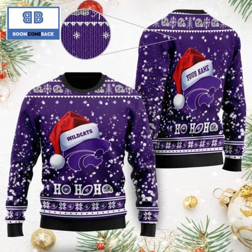 Kansas State Wildcats Santa Claus Hat Ho Ho Ho 3D Custom Name Ugly Christmas Sweater