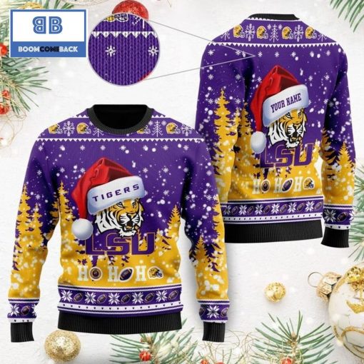 LSU Tigers NCAA Santa Claus Hat Ho Ho Ho 3D Custom Name Ugly Christmas Sweater