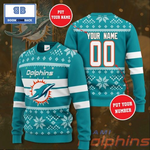 Miami Dolphins NFL Custom Name And Number Christmas Ugly Sweater