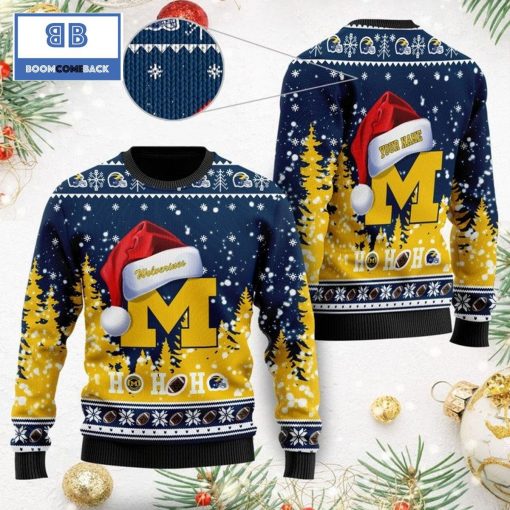 Michigan Wolverines NCAA Santa Claus Hat Ho Ho Ho 3D Custom Name Ugly Christmas Sweater