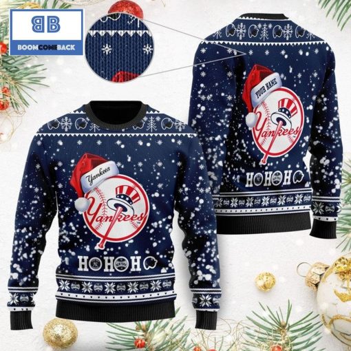 New York Yankees Santa Claus Hat Ho Ho Ho 3D Custom Name Ugly Christmas Sweater