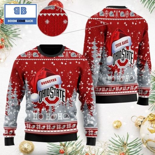 Ohio State Buckeyes NCAA Santa Claus Hat Ho Ho Ho 3D Custom Name Ugly Christmas Sweater