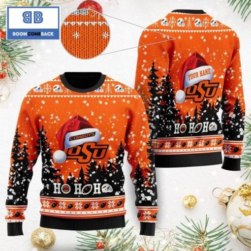 Oklahoma State NCAA Santa Claus Hat Ho Ho Ho 3D Custom Name Ugly Christmas Sweater