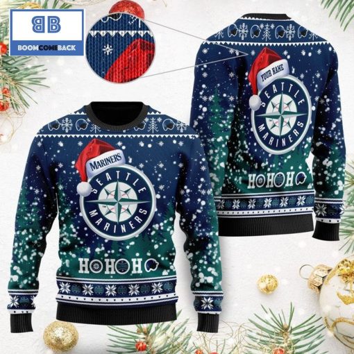 Seattle Mariners Santa Claus Hat Ho Ho Ho 3D Custom Name Ugly Christmas Sweater