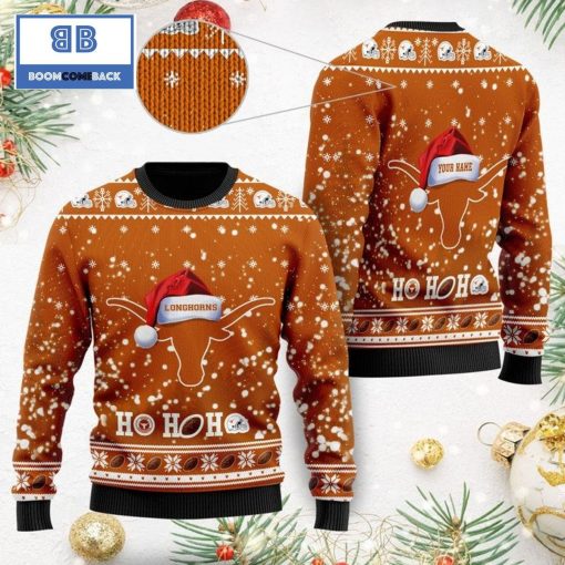 Texas Longhorns NCAA Santa Claus Hat Ho Ho Ho 3D Custom Name Ugly Christmas Sweater