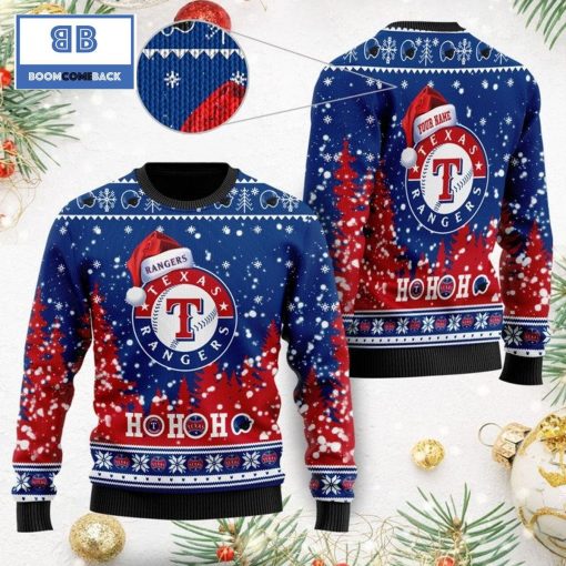 Texas Rangers Santa Claus Hat Ho Ho Ho 3D Custom Name Ugly Christmas Sweater