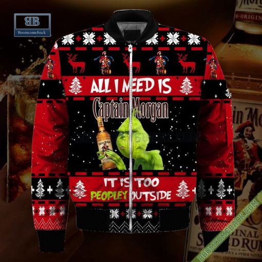 Grinch All I Need Is Captain Morgan It Is Too Peopley Outside Ugly Christmas Sweater Hoodie Zip Hoodie Bomber Jacket