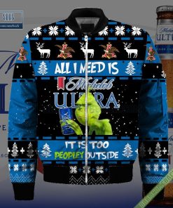 grinch all i need is michelob ultra it is too peopley outside ugly christmas sweater hoodie zip hoodie bomber jacket 4 0H3Hu
