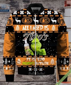 grinch all i need is titos vodka it is too peopley outside ugly christmas sweater hoodie zip hoodie bomber jacket 4 LBI7N
