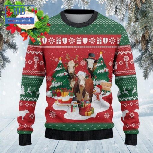 Hereford Cattle Christmas Tree Snowman Style 2 Ugly Christmas Sweater
