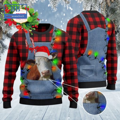 Hereford Cattle Denim Bib Overalls Ugly Christmas Sweater