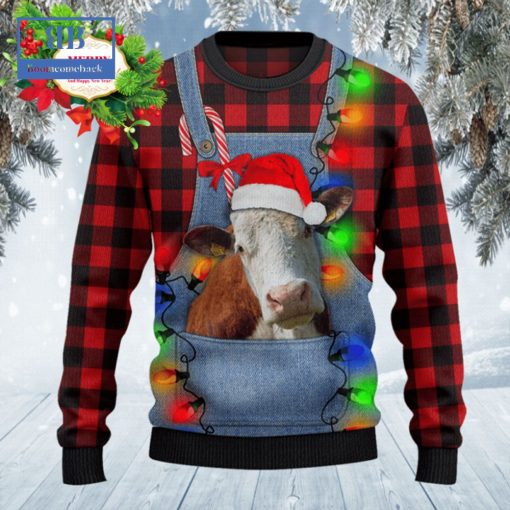 Hereford Cattle Denim Bib Overalls Ugly Christmas Sweater