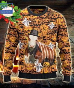 hereford cattle halloween pumpkin ugly christmas sweater 3 ukDQB