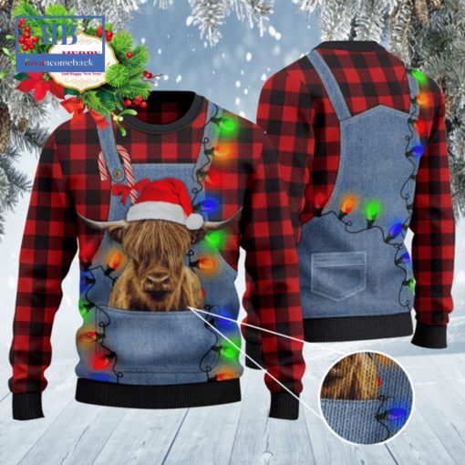 Highland Cattle Denim Bib Overalls Ugly Christmas Sweater