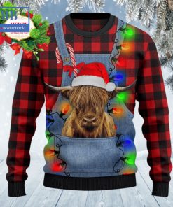 highland cattle denim bib overalls ugly christmas sweater 3 TIn9H