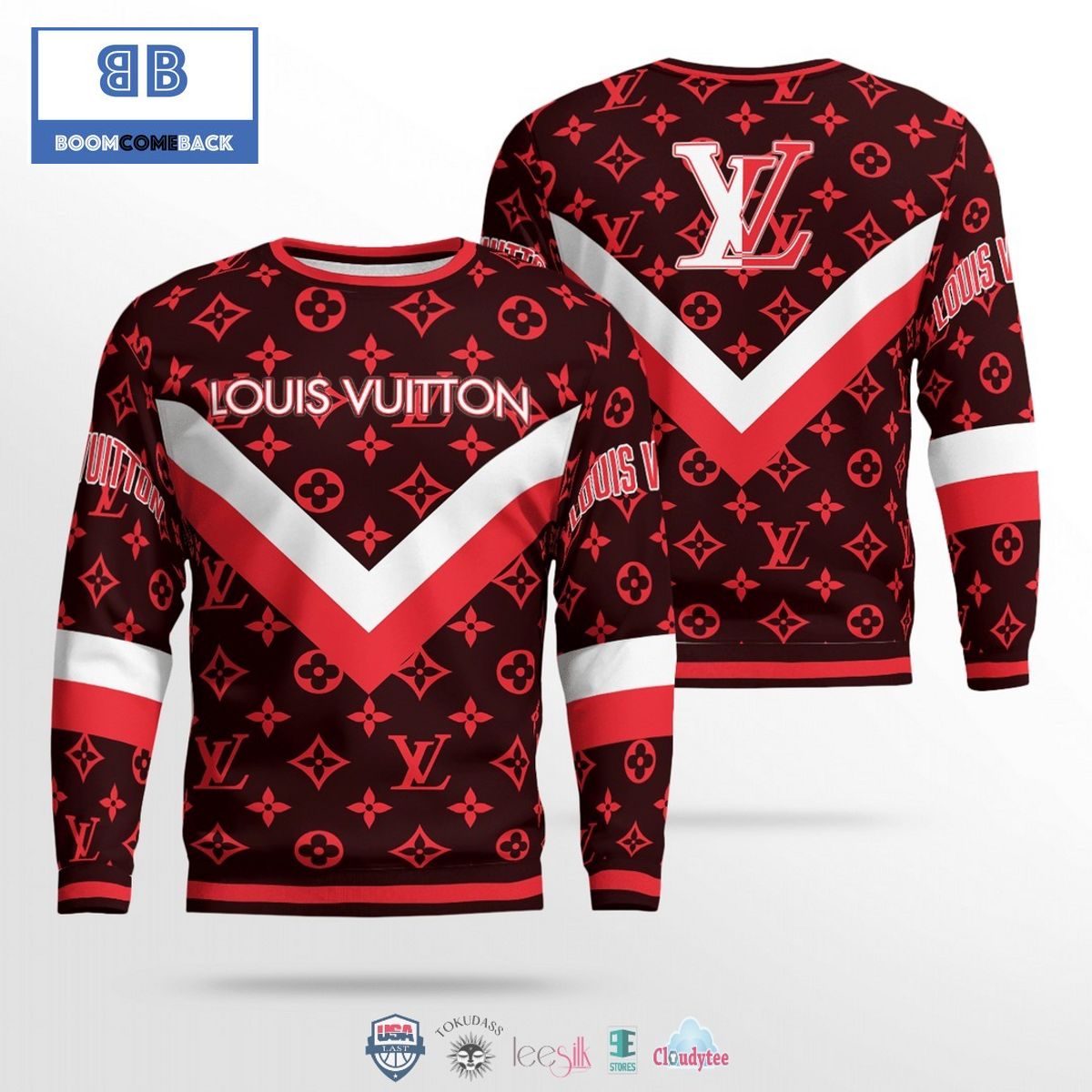 Louis Vuitton White Red 3D Ugly Sweater - Boomcomeback