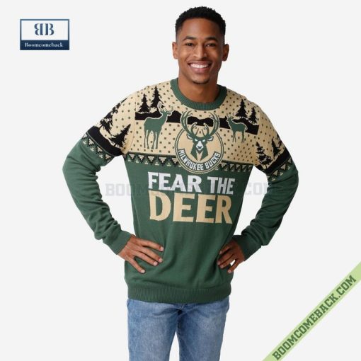 Milwaukee Bucks NBA 2021 Champions Fear The Deer Ugly Christmas Sweater