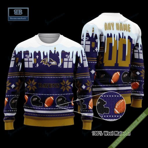 Pesonalized Baltimore Ravens Snow Custom Name And Number Ugly Christmas Sweater