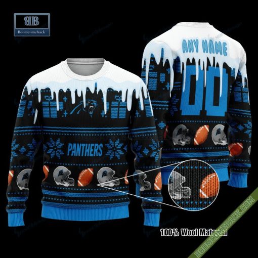Pesonalized Carolina Panthers Snow Custom Name And Number Ugly Christmas Sweater