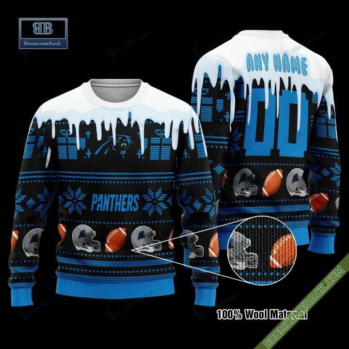 Pesonalized Carolina Panthers Snow Custom Name And Number Ugly Christmas Sweater