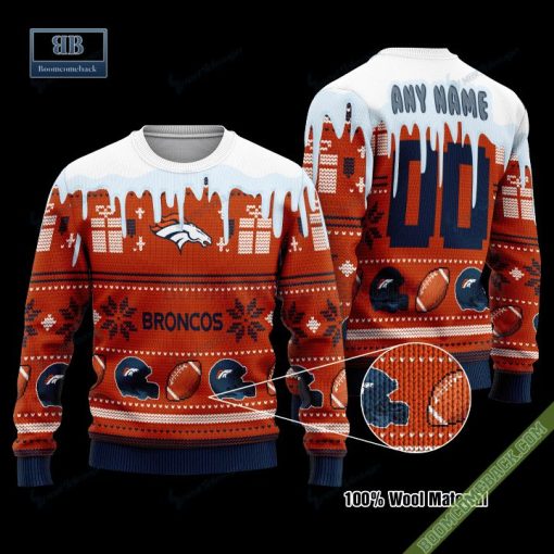 Pesonalized Denver Broncos Snow Custom Name And Number Ugly Christmas Sweater