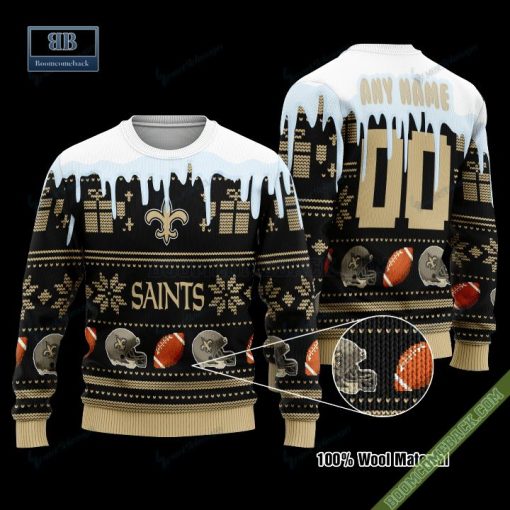 Pesonalized New Orleans Saints Snow Custom Name And Number Ugly Christmas Sweater