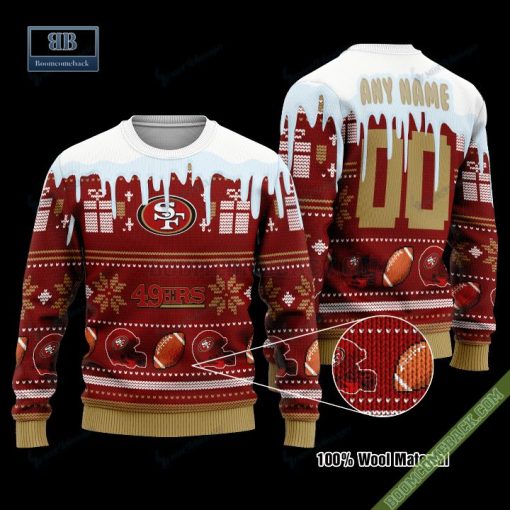 Pesonalized San Francisco 49ers Snow Custom Name And Number Ugly Christmas Sweater