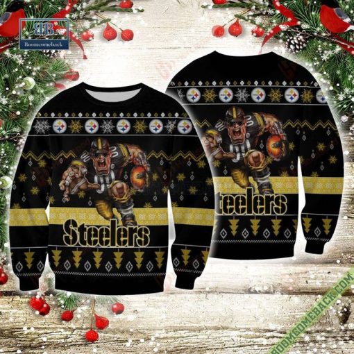 Pittsburgh Steelers Steely McBeam Mascot Rushing Ugly Sweater