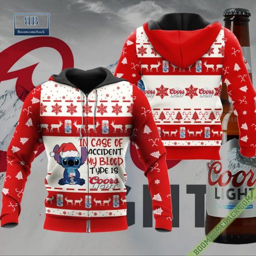 Stitch In Case Of Accident My Blood Type Is Coors Light Ugly Christmas Sweater Hoodie Zip Hoodie Bomber Jacket