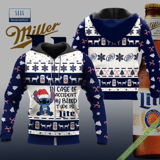 Stitch In Case Of Accident My Blood Type Is Miller Lite Ugly Christmas Sweater Hoodie Zip Hoodie Bomber Jacket